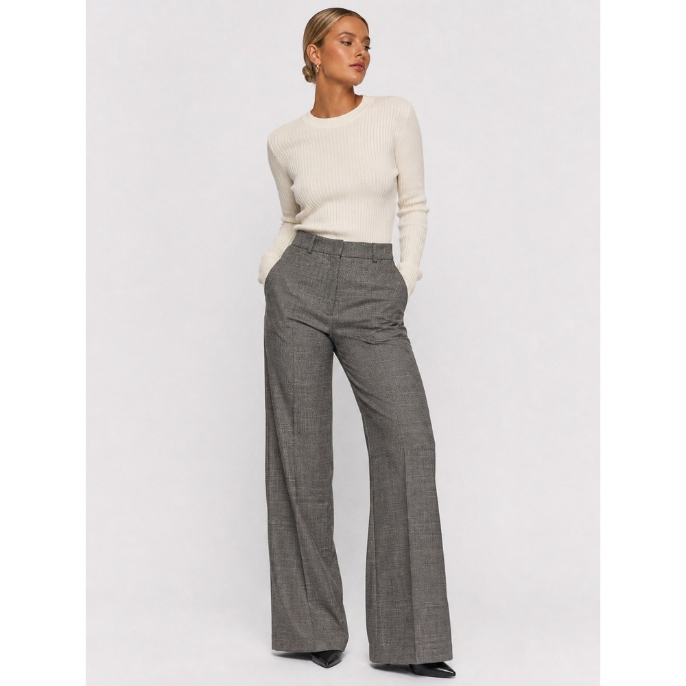 Vince Wool Blend Micro Check Wide Leg Trousers Grey Black White 2 XS NWT New